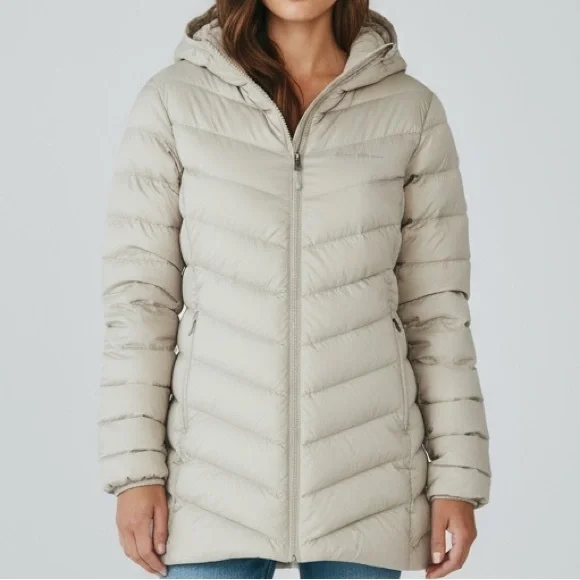 Eddie Bauer Hooded Chevron Down Parka Jacket XXL Tan Warm Winter Coat - Picture 3 of 8